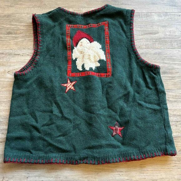 Vintage Christmas Vest Large Ugly Santa Hand Embroidered Green White Red Patch - Picture 2 of 8